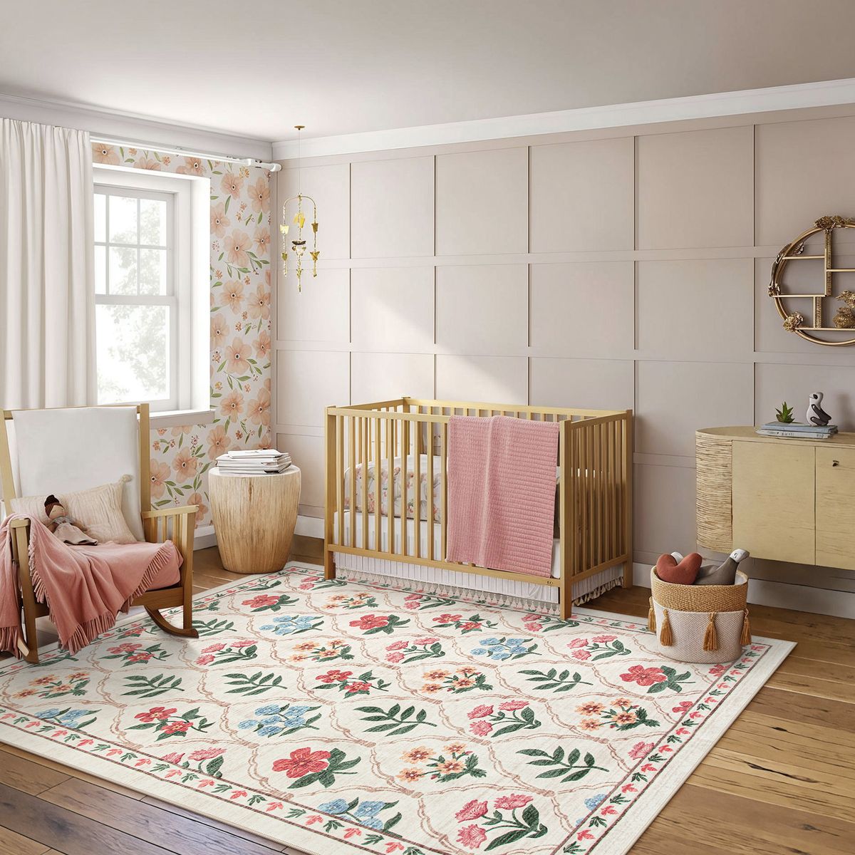 Naya Washable Moroccan Floral Beige/Pink Rug Clearance Rugs Lahome 5' x 7'