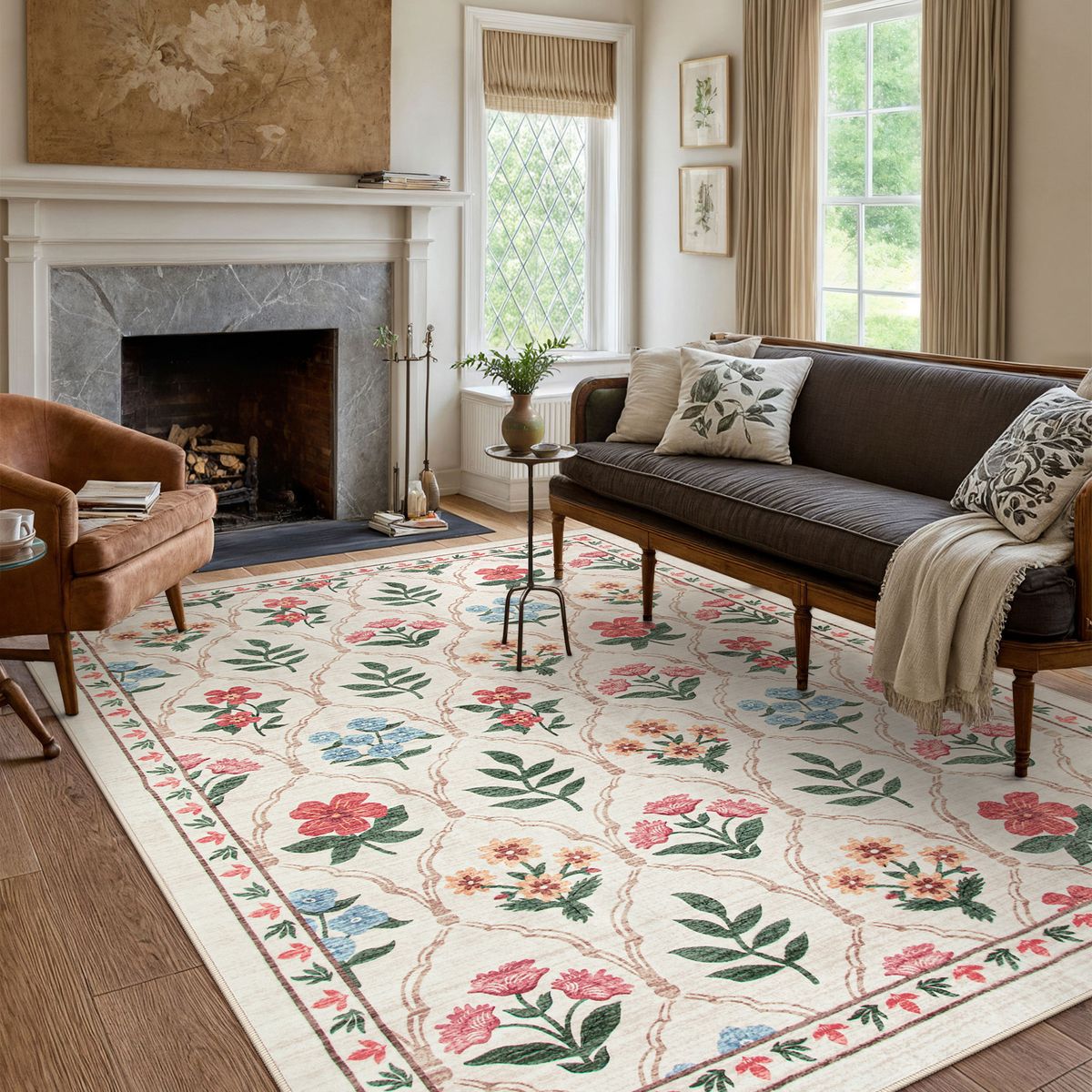 Naya Washable Moroccan Floral Beige/Pink Rug Clearance Rugs Lahome