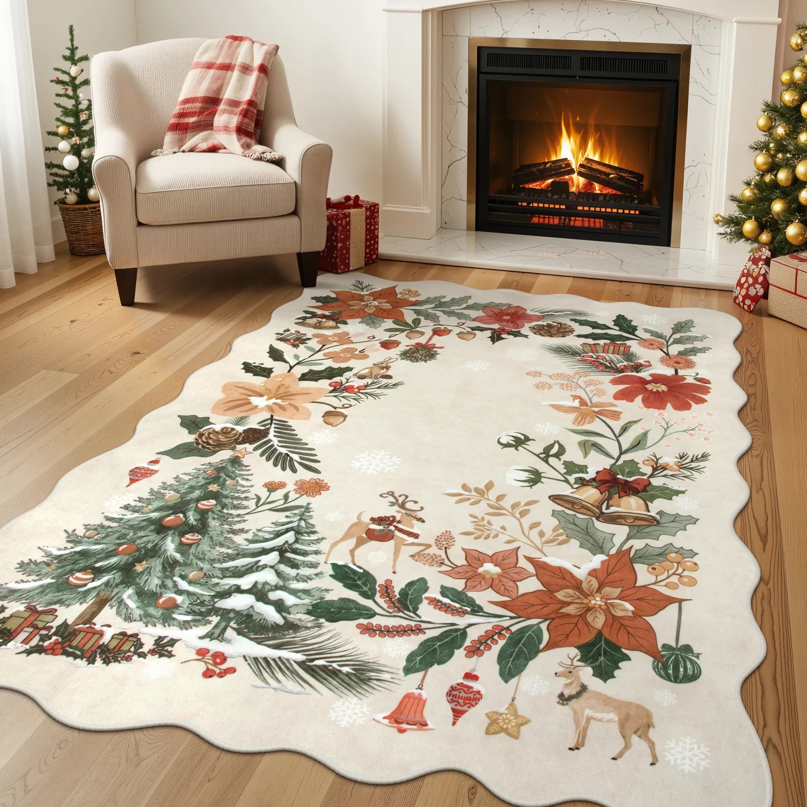 Nicolas Christmas Washable Floral Bell Beige Rug Area Rugs Lahome 5' x 7'