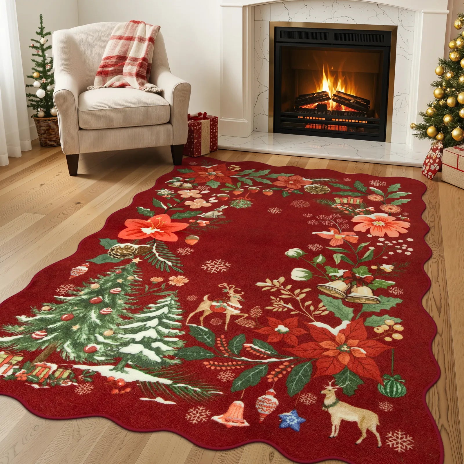 Nicolas Christmas Washable Floral Bell Red Rug Area Rugs Lahome 5' x 7'