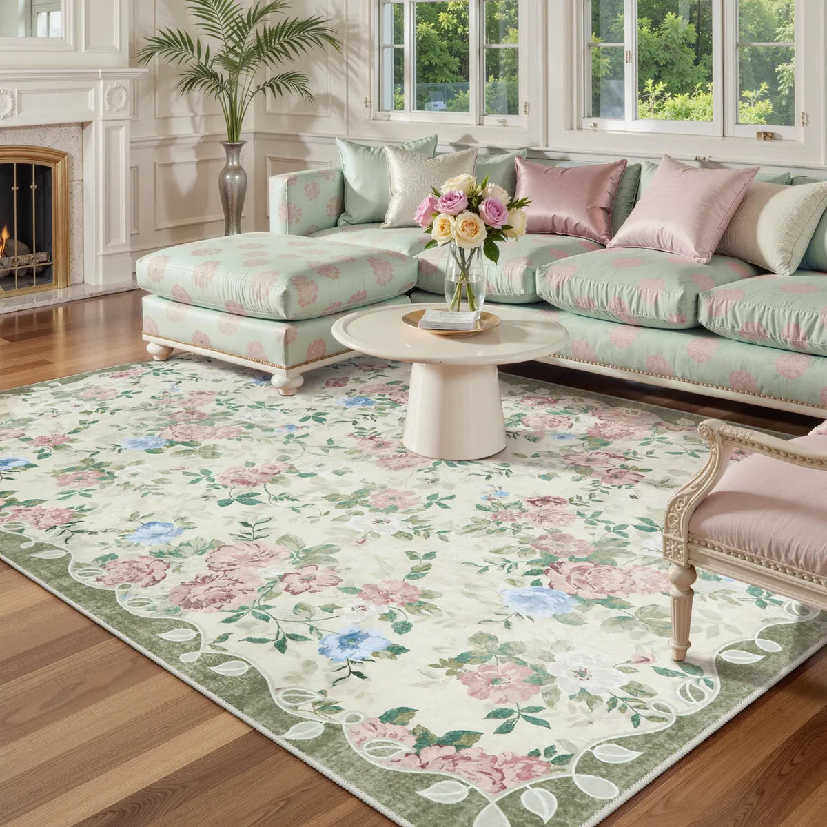 Nina Washable Romantic Vintage Floral Rose Garden Light Green Rug Area Rugs Lahome 5' x 7'