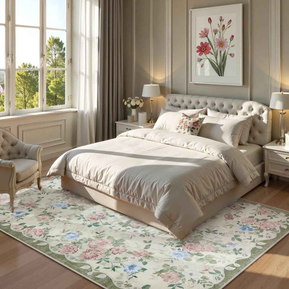 Nina Washable Romantic Vintage Floral Rose Garden Light Green Rug Area Rugs Lahome