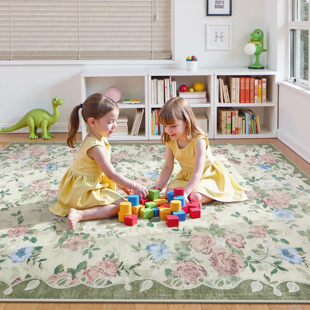 Nina Washable Romantic Vintage Floral Rose Garden Light Green Rug Area Rugs Lahome