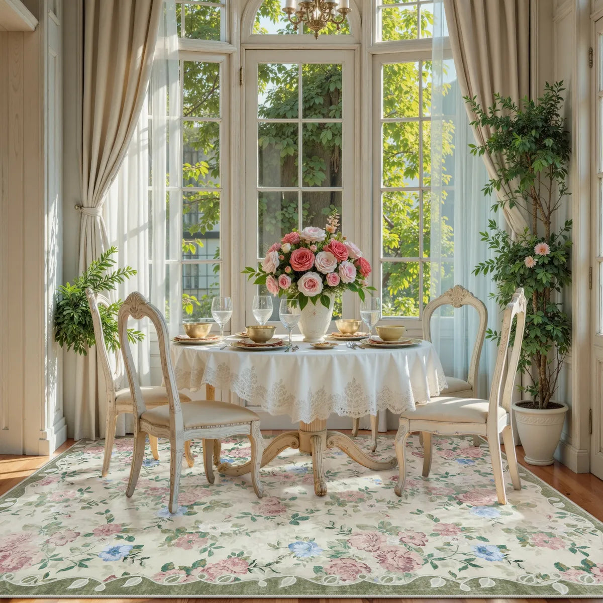 Nina Washable Romantic Vintage Floral Rose Garden Light Green Rug Area Rugs Lahome