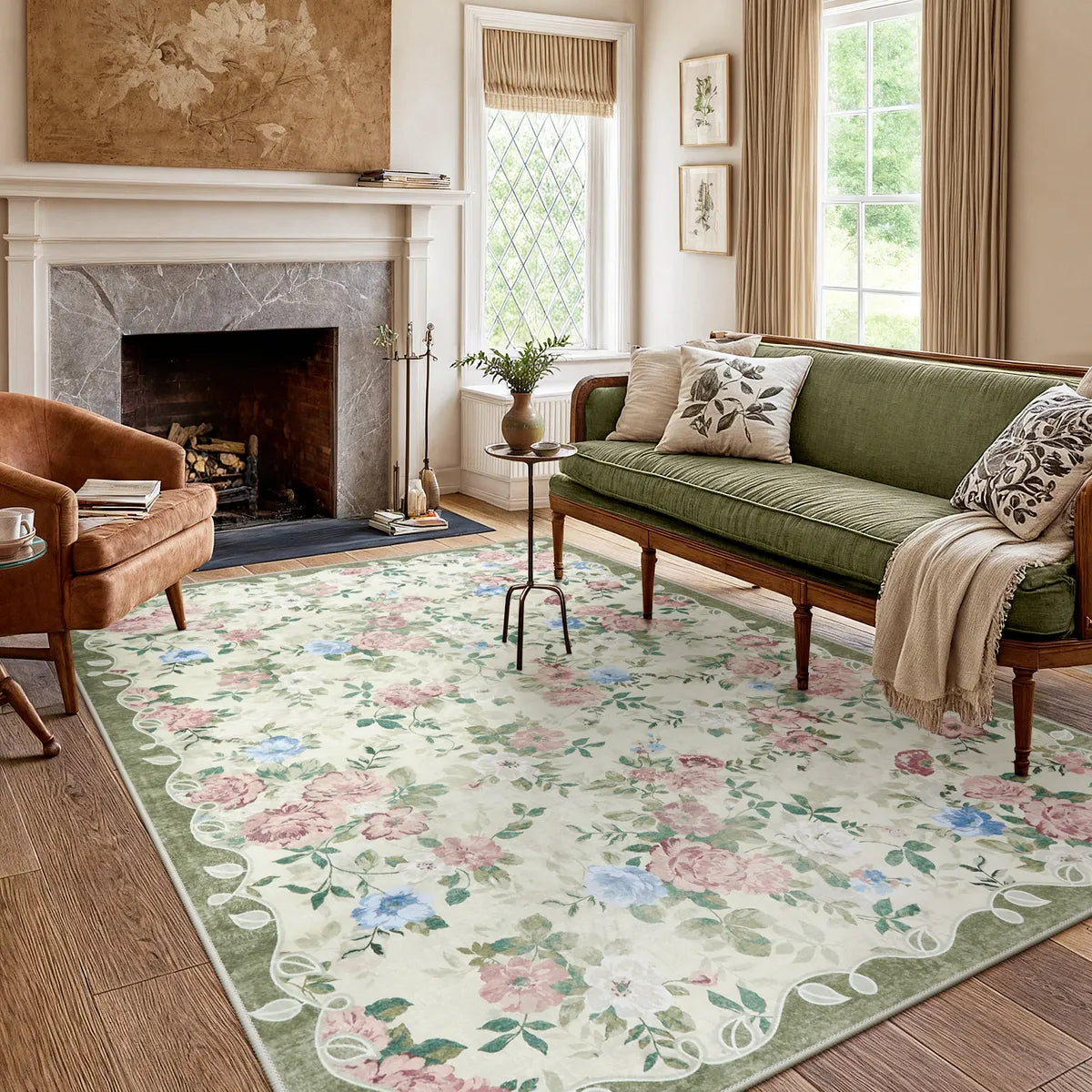 Nina Washable Romantic Vintage Floral Rose Garden Light Green Rug Area Rugs Lahome