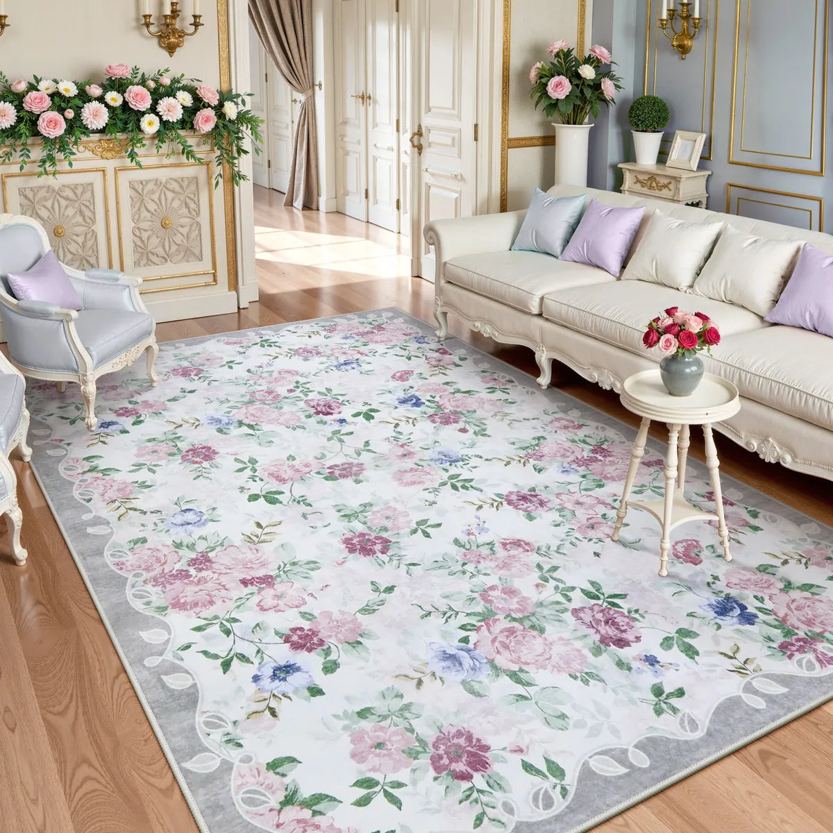 Nina Washable Romantic Vintage Floral Rose Garden Purple Rug Area Rugs Lahome