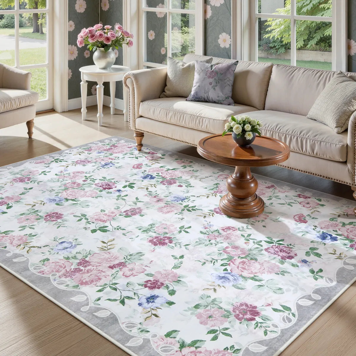 Nina Washable Romantic Vintage Floral Rose Garden Purple Rug Area Rugs Lahome