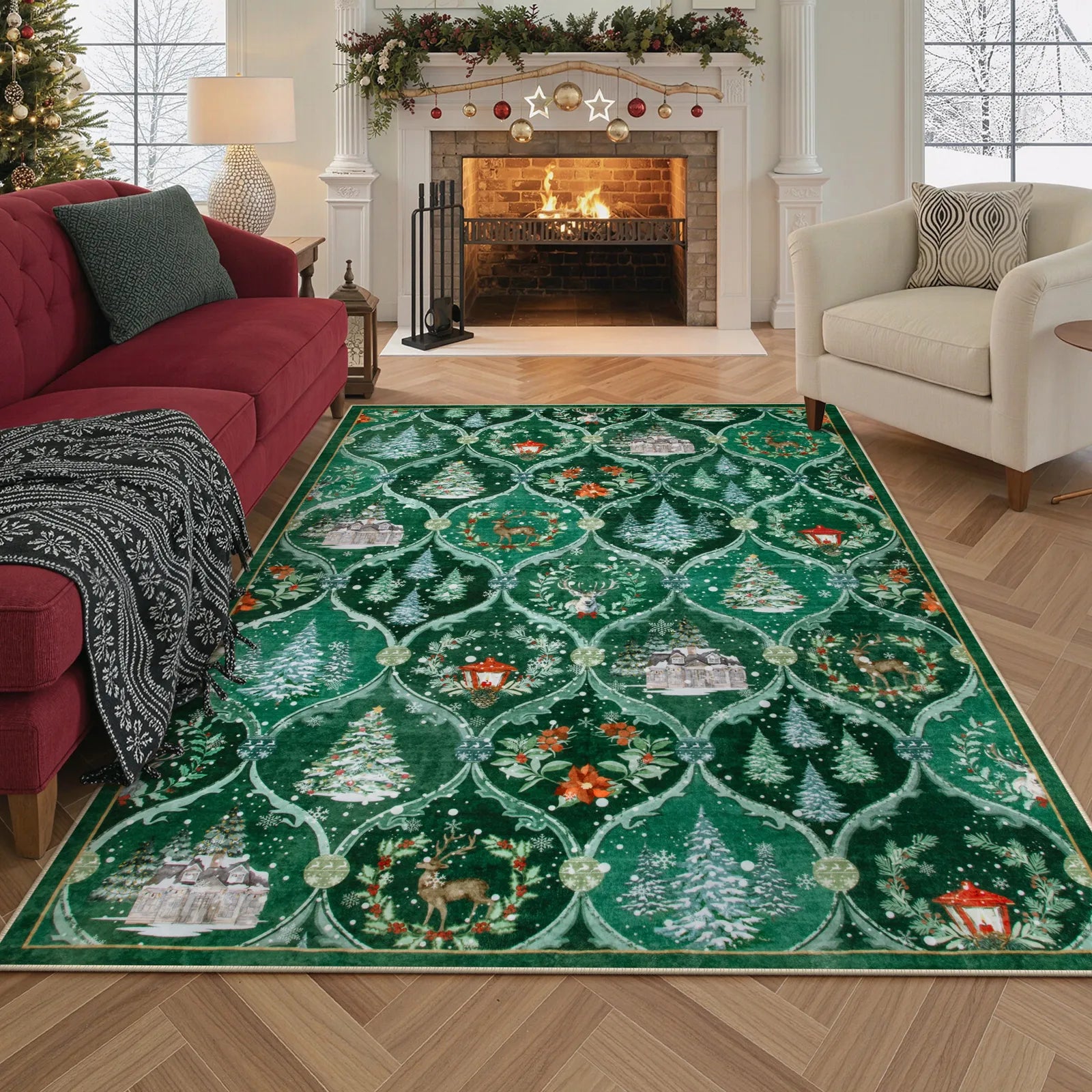 Pascal Christmas Washable World Moroccan Green Rug Area Rugs Lahome 5' x 7'