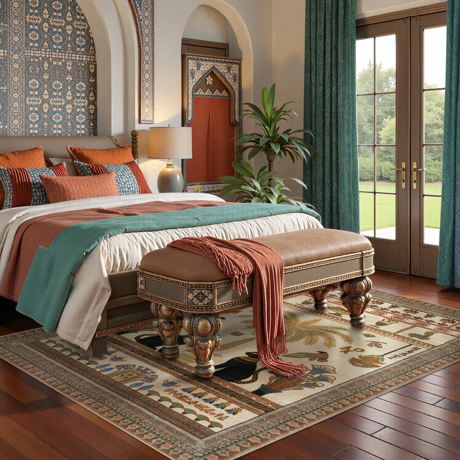 Ravin Washable Ancient Egyptian Revival Cat Beige Rug Area Rugs Lahome