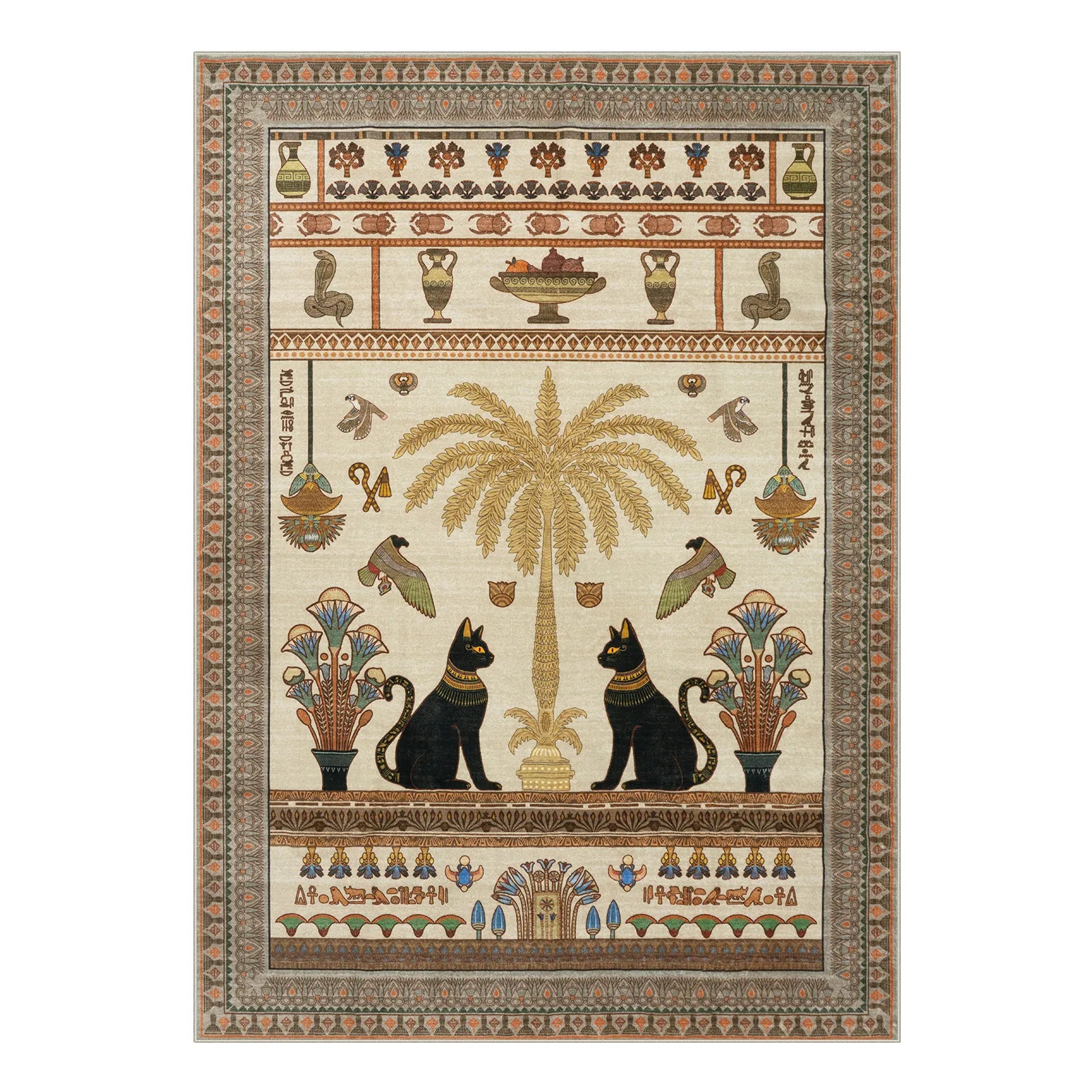 Ravin Washable Ancient Egyptian Revival Cat Beige Rug Area Rugs Lahome