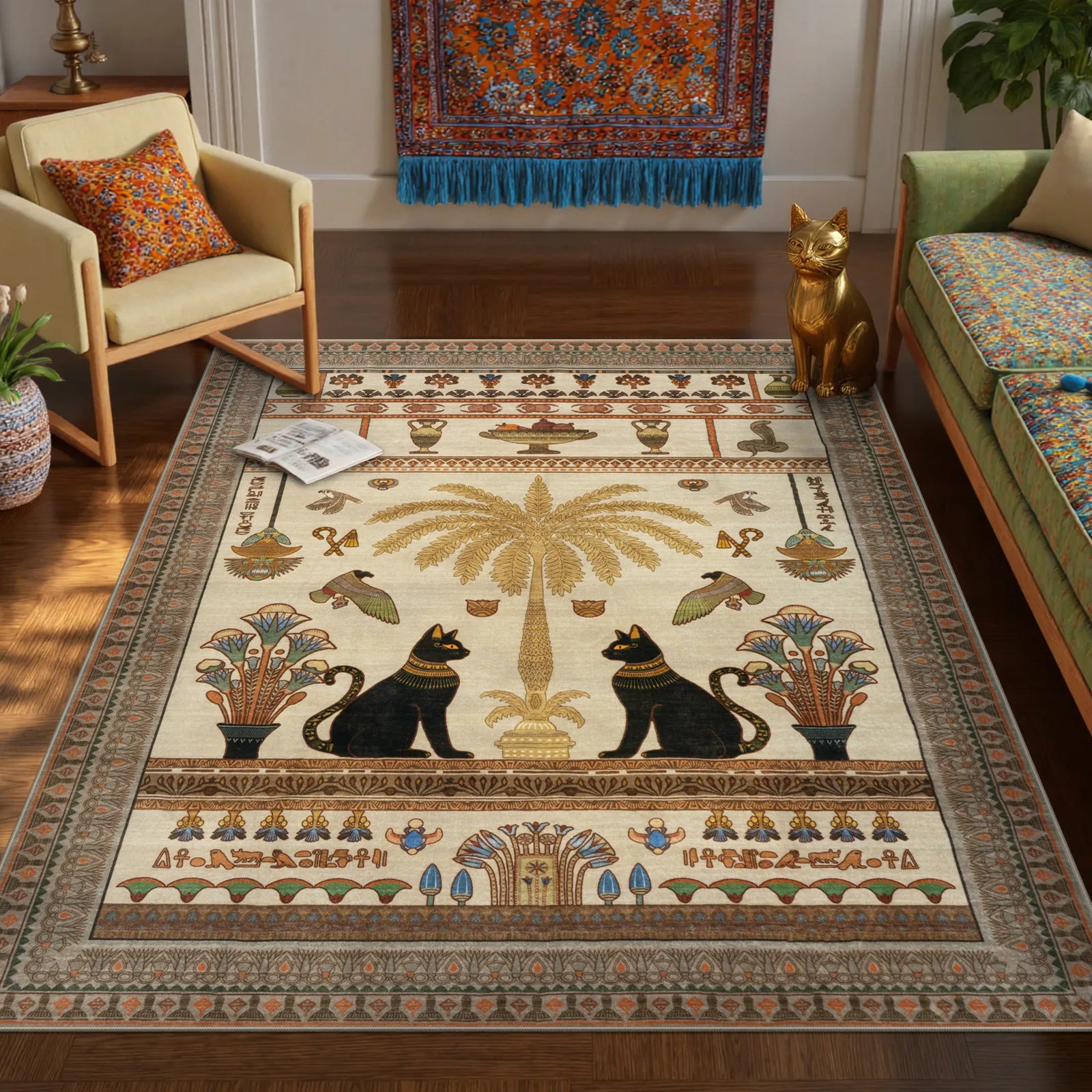 Ravin Washable Ancient Egyptian Revival Cat Beige Rug Area Rugs Lahome 5' x 7'