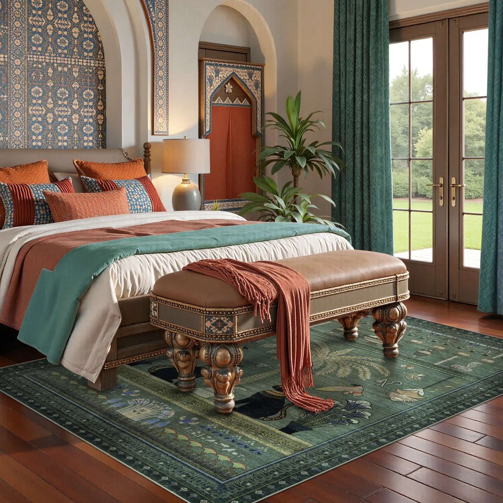 Ravin Washable Ancient Egyptian Revival Cat Green Rug Area Rugs Lahome