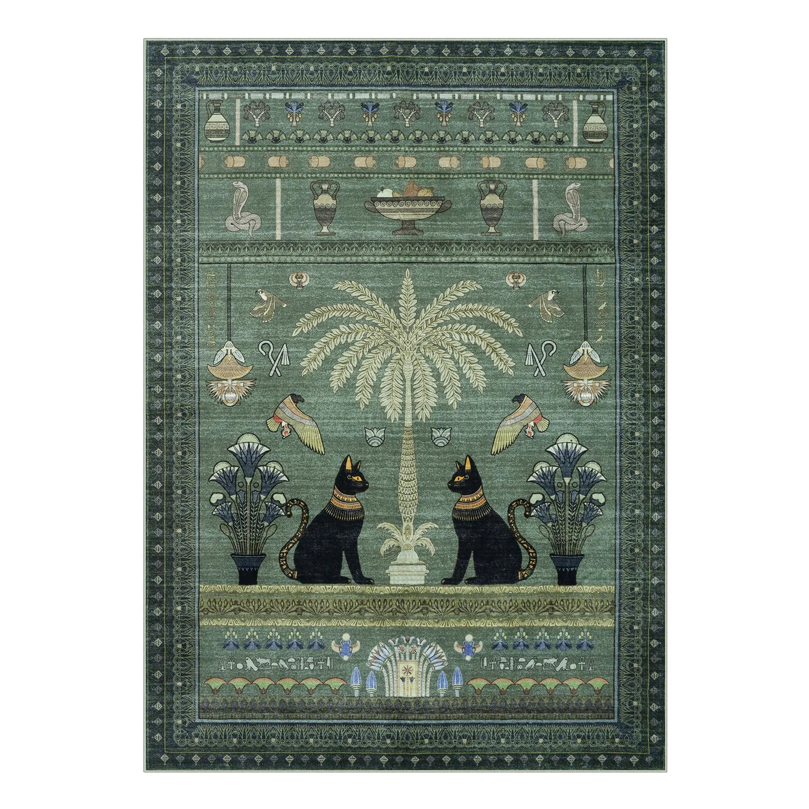 Ravin Washable Ancient Egyptian Revival Cat Green Rug Area Rugs Lahome