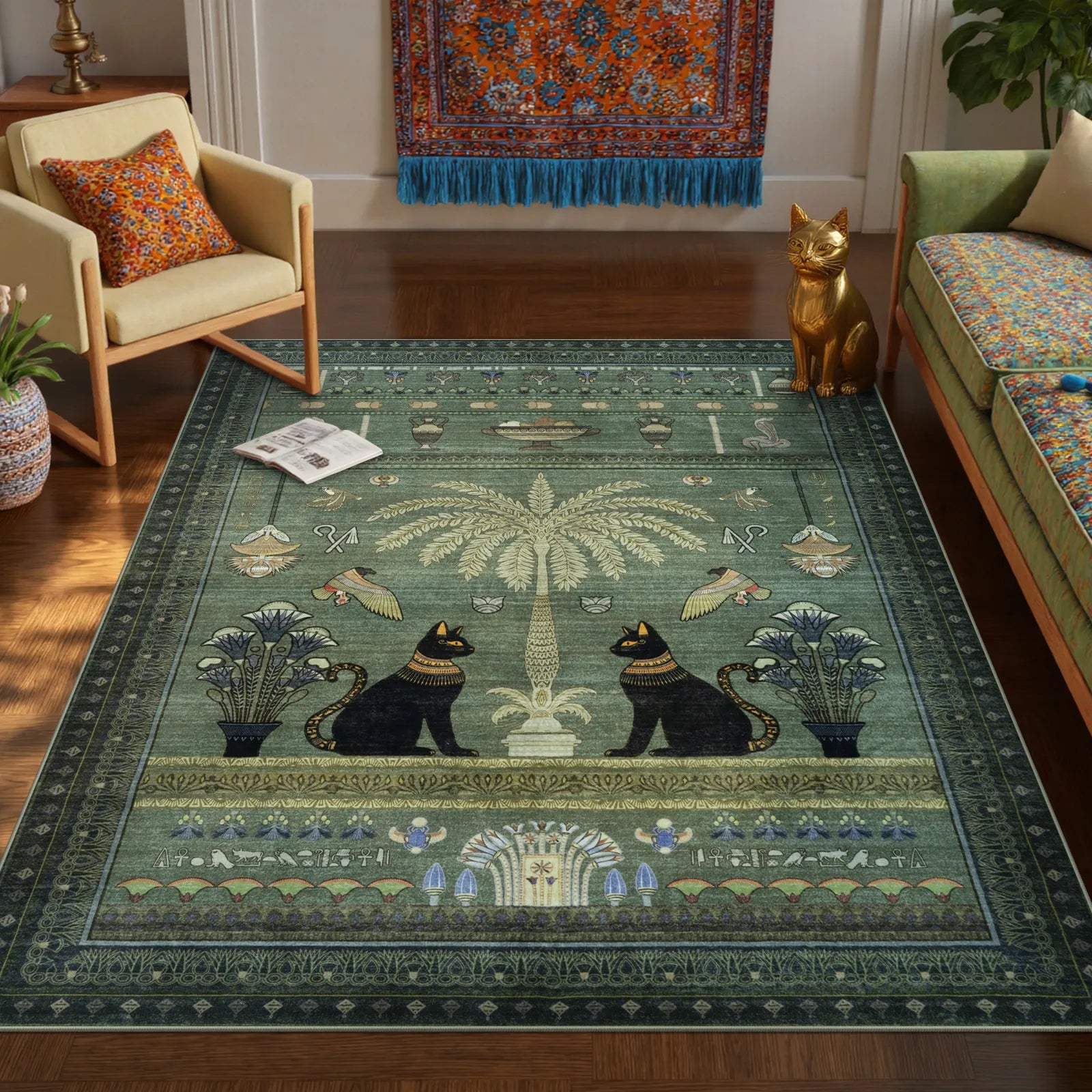 Ravin Washable Ancient Egyptian Revival Cat Green Rug Area Rugs Lahome 5' x 7'