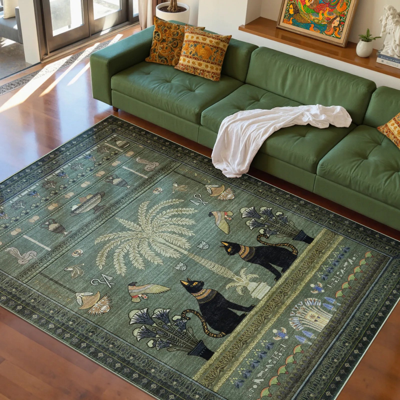 Ravin Washable Ancient Egyptian Revival Cat Green Rug Area Rugs Lahome