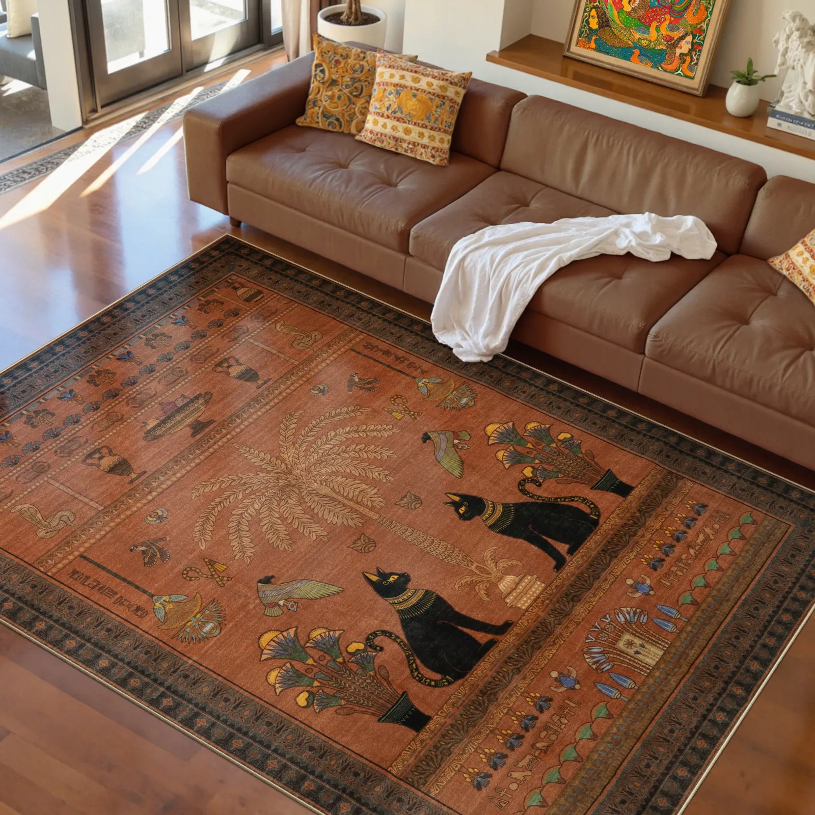 Ravin Washable Ancient Egyptian Revival Cat Red Rug Area Rugs Lahome