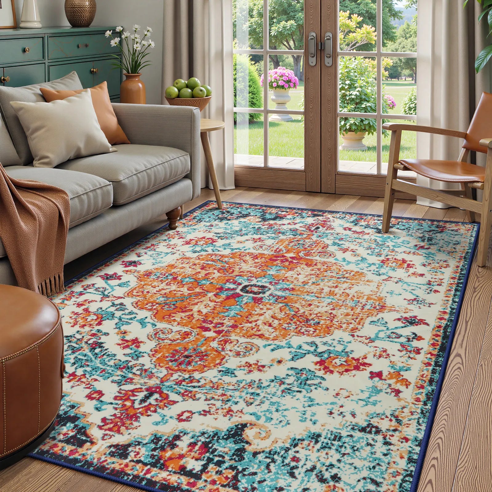 Reine Washable Bohemian Floral Medallion Orange Rug Clearance Rugs Lahome 5' x 7'