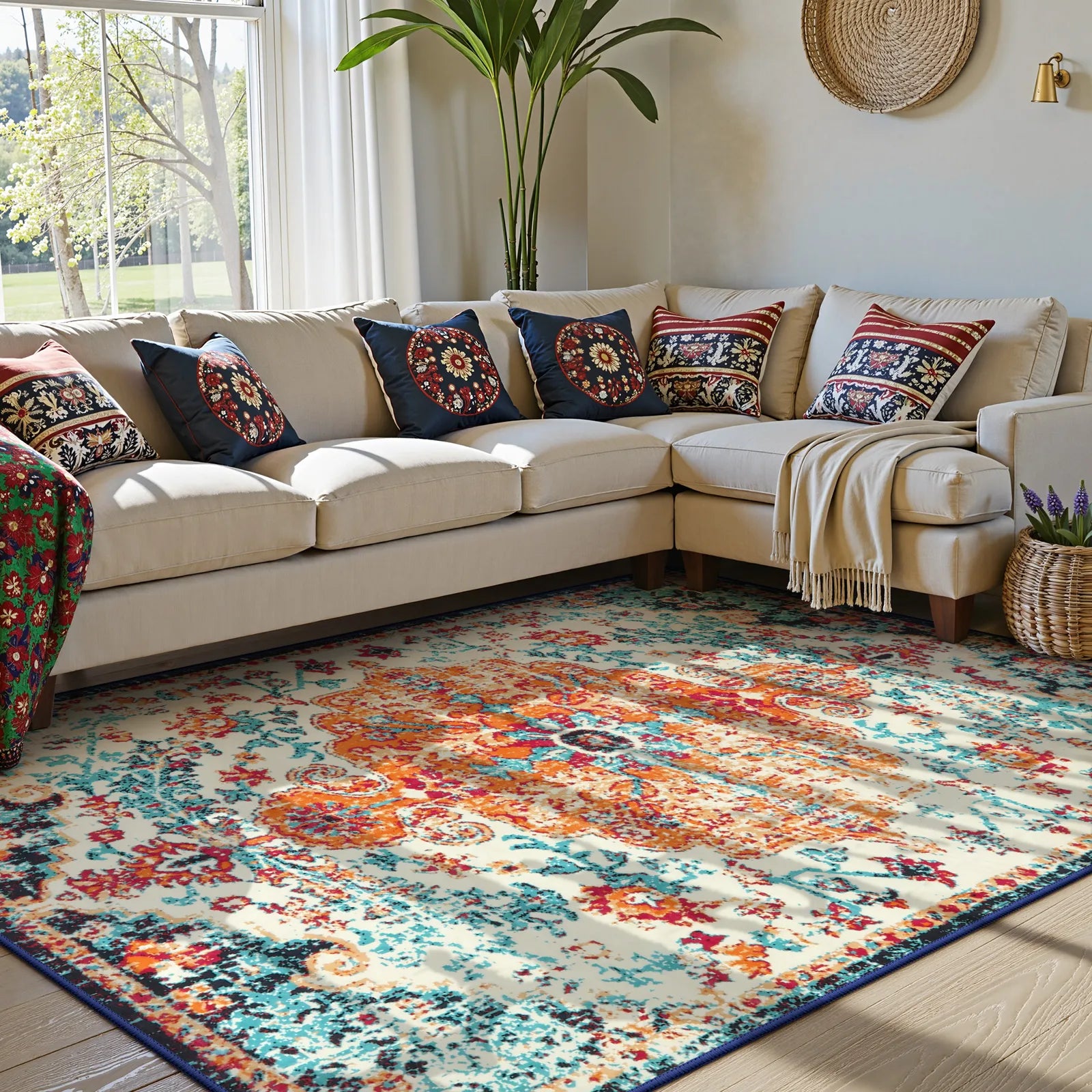 Reine Washable Bohemian Floral Medallion Orange Rug Clearance Rugs Lahome