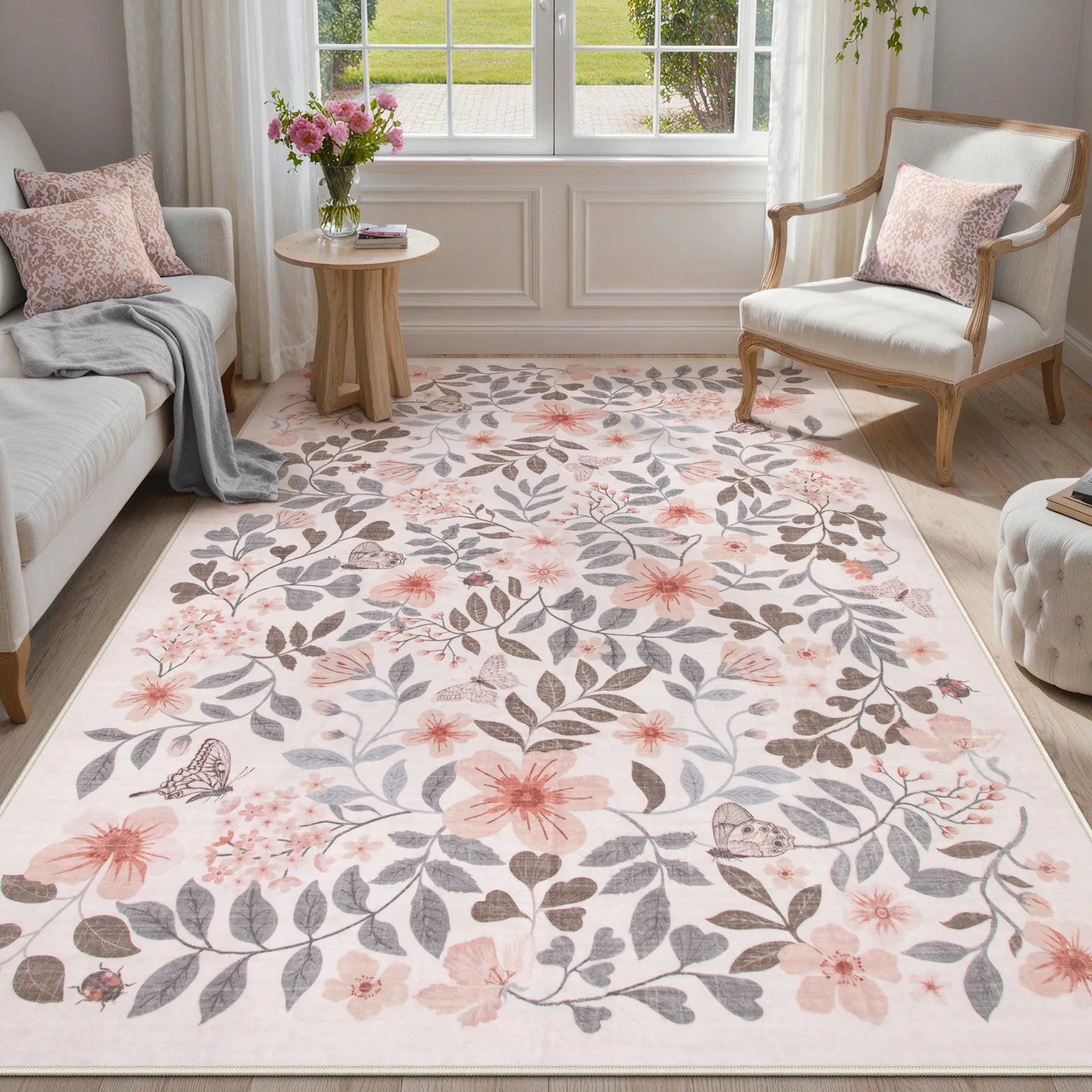 Reverie Washable Vintage Botanical Floral Beige Rug Area Rugs Lahome 5' x 7'