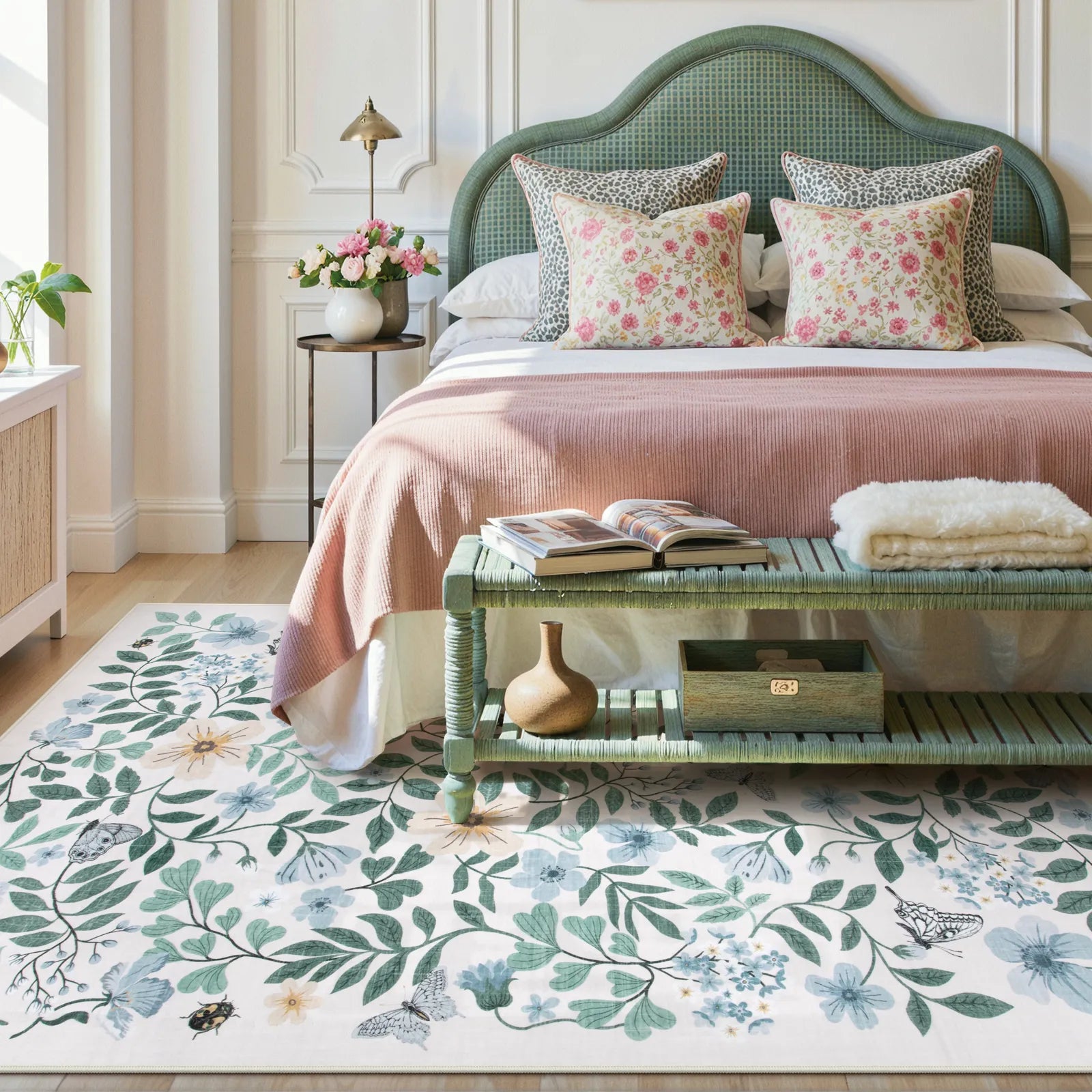 Reverie Washable Vintage Botanical Floral Teal Rug Area Rugs Lahome