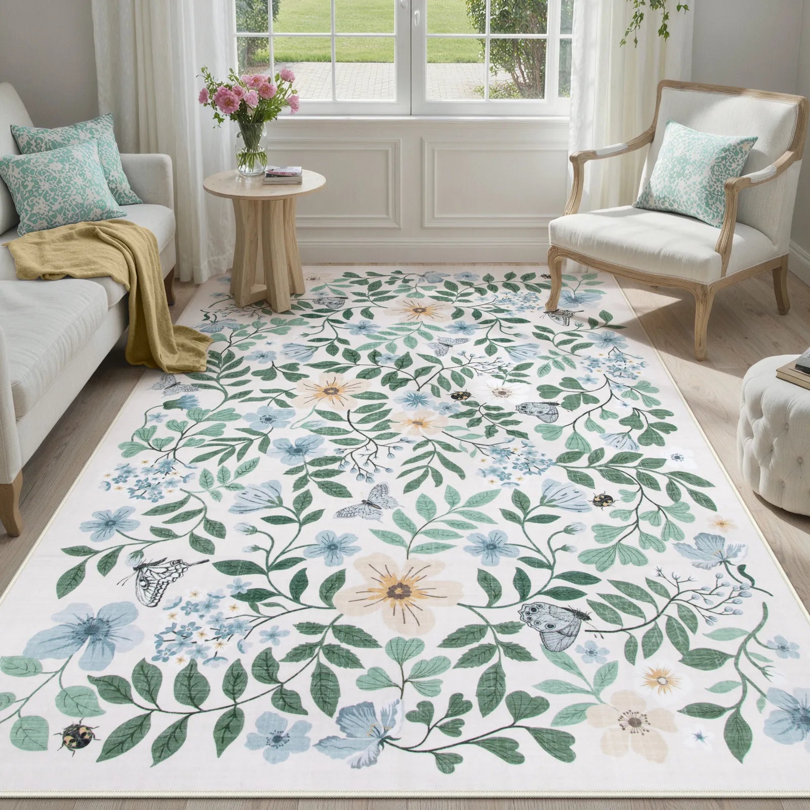 Reverie Washable Vintage Botanical Floral Teal Rug Area Rugs Lahome 8' x 10'