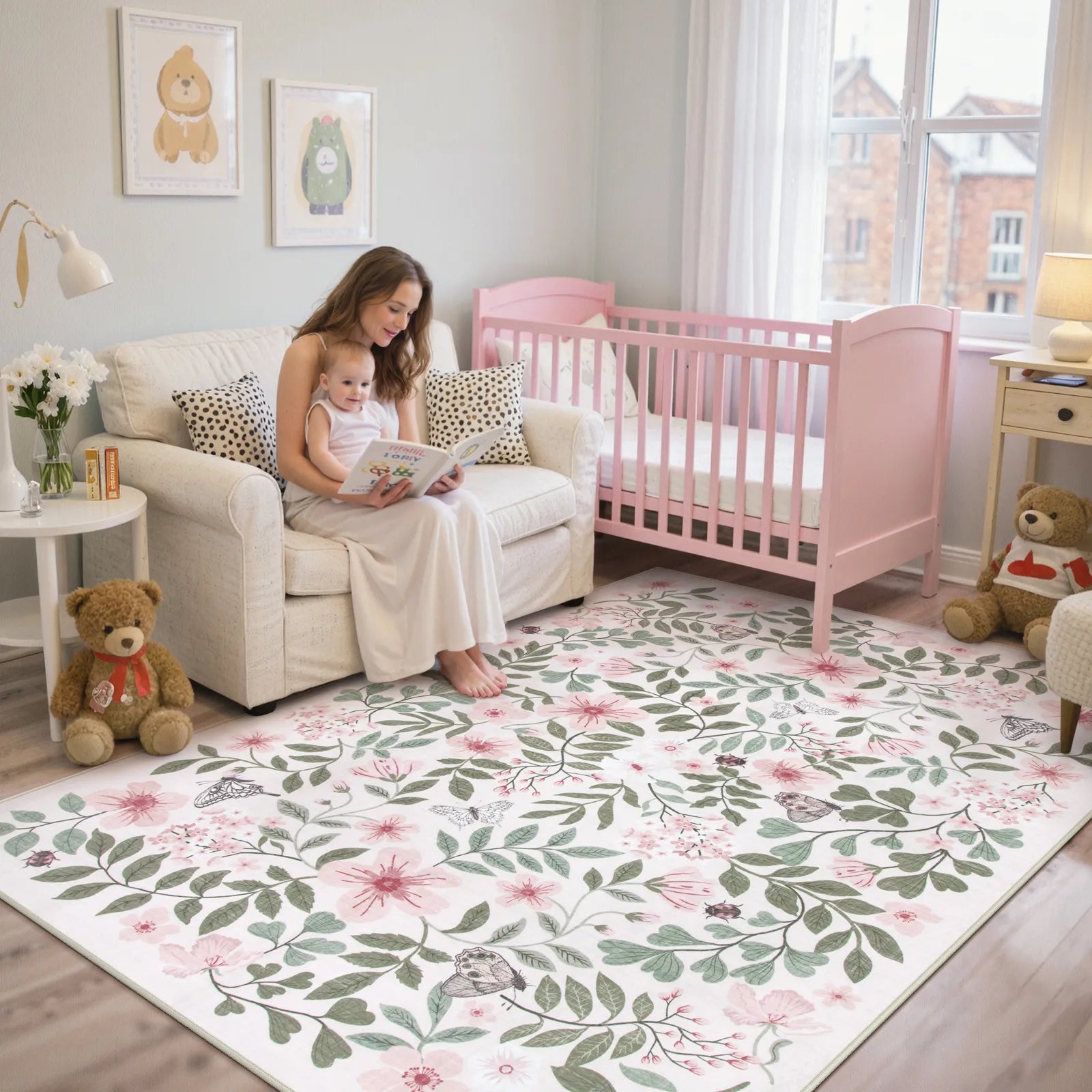 Reverie Washable Vintage Botanical Floral Pink Rug Area Rugs Lahome