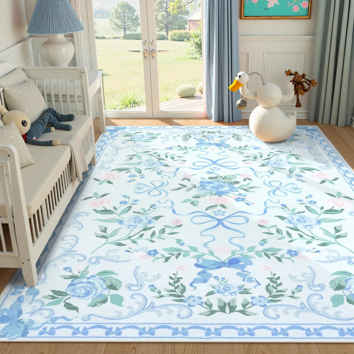 5' x 7' Lahome Washable Floral Bows Blue Area Rug for bedroom.