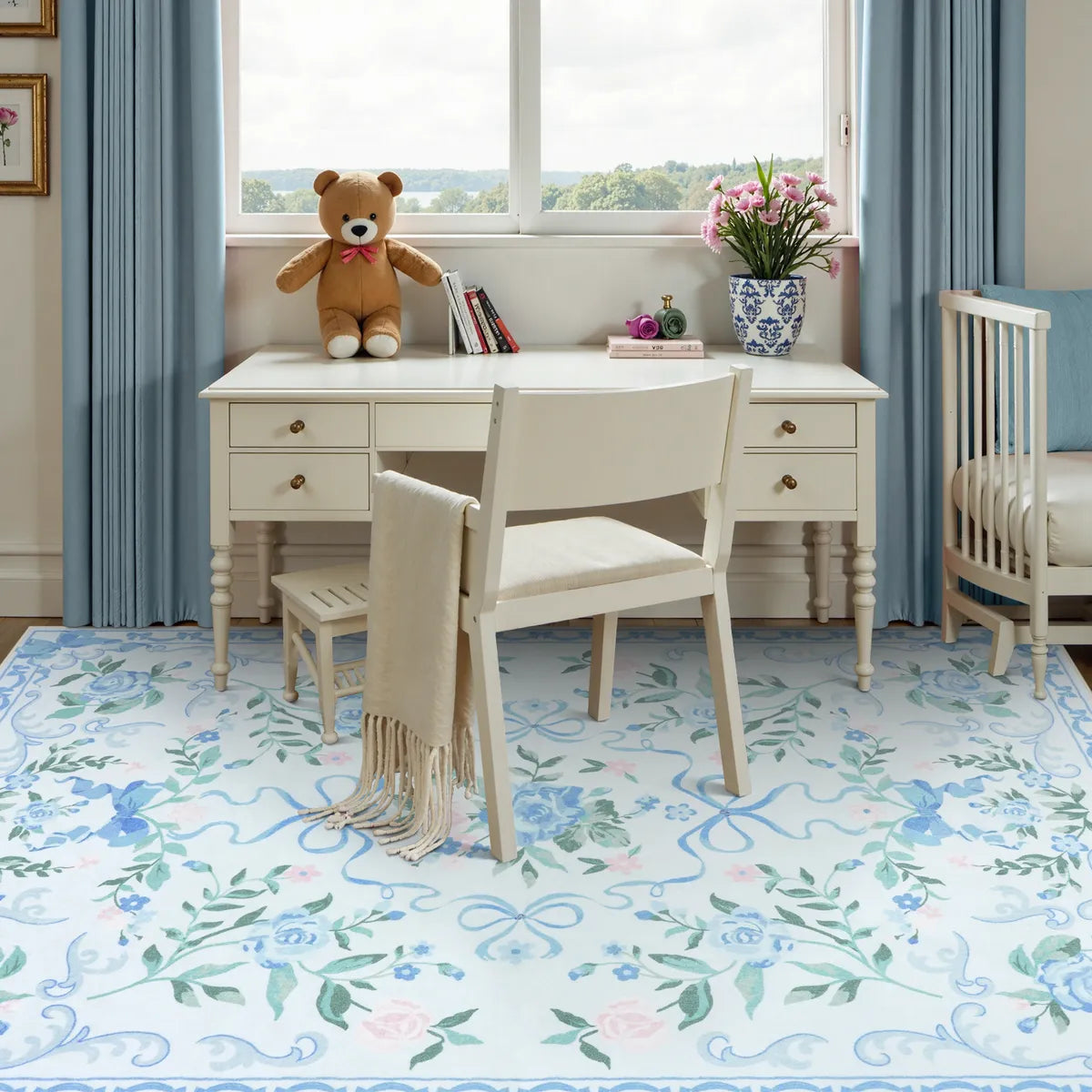 Lahome Washable Floral Bows Blue Area Rug for living room.