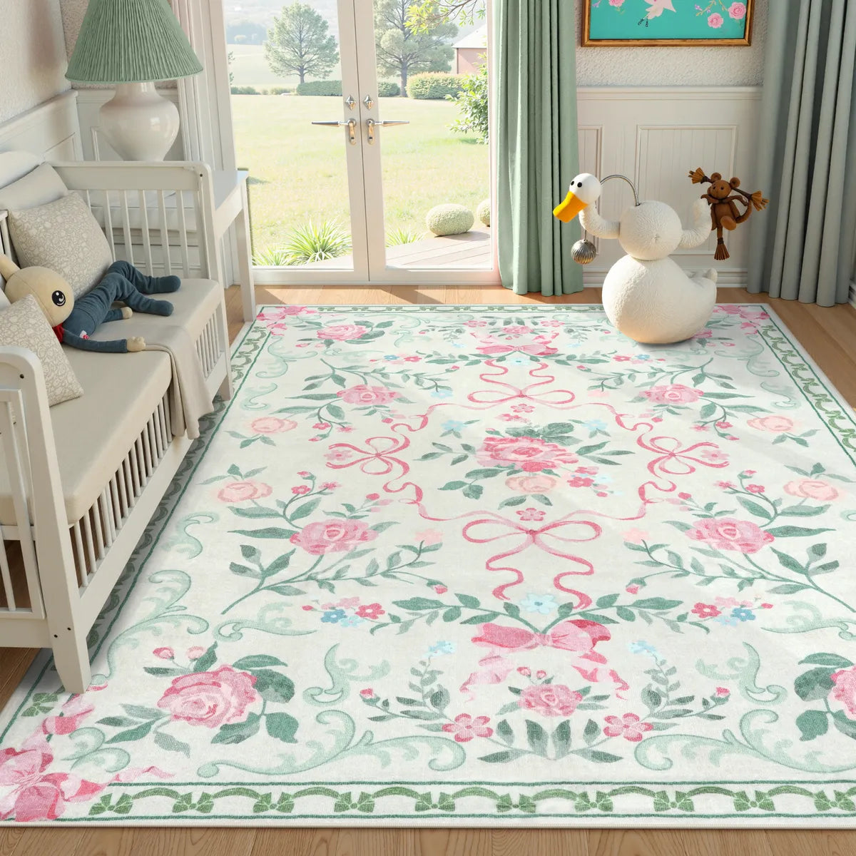 Rosabel Washable Floral Bows Green Rug Area Rugs Lahome