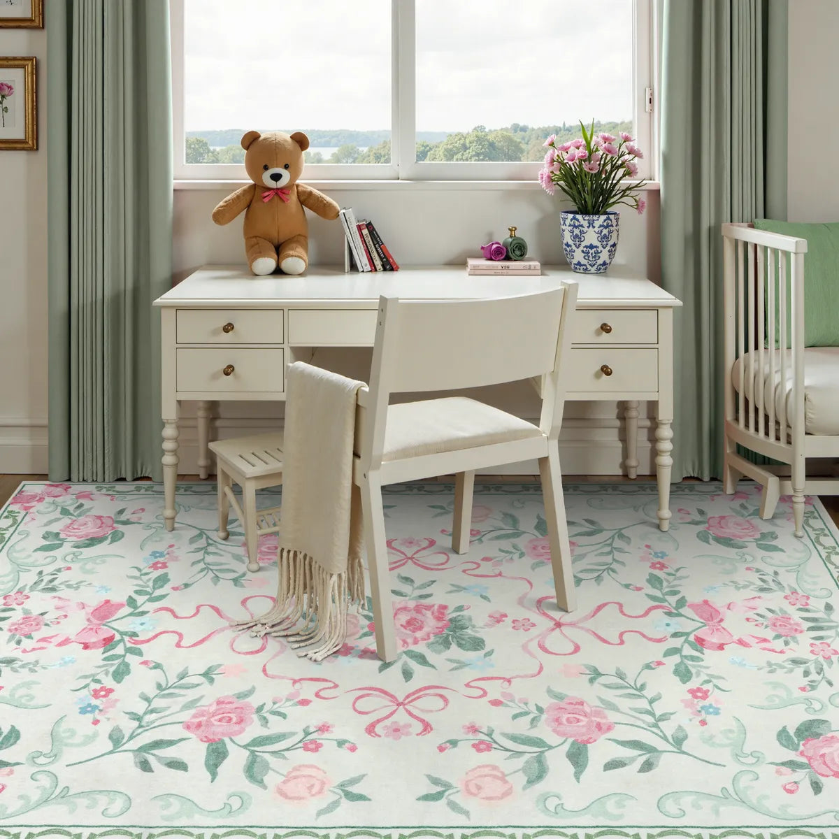 Rosabel Washable Floral Bows Green Rug Area Rugs Lahome