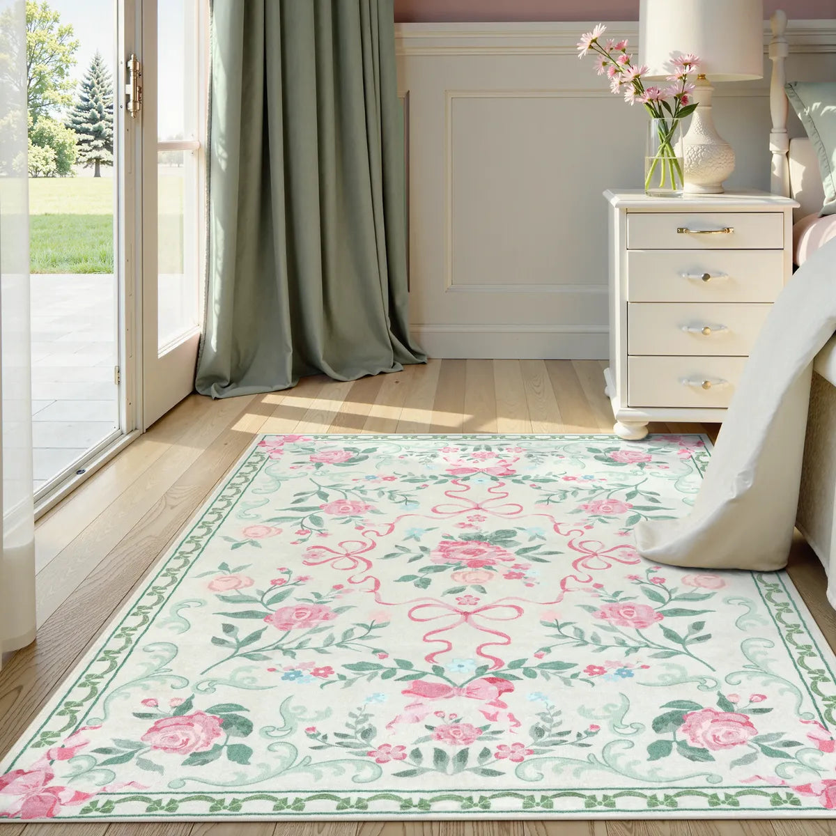 Rosabel Washable Floral Bows Green Rug Area Rugs Lahome
