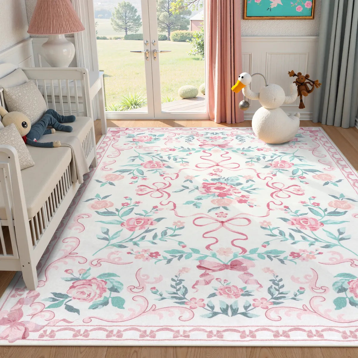 Rosabel Washable Floral Bows Pink Rug Area Rugs Lahome 5' x 7'