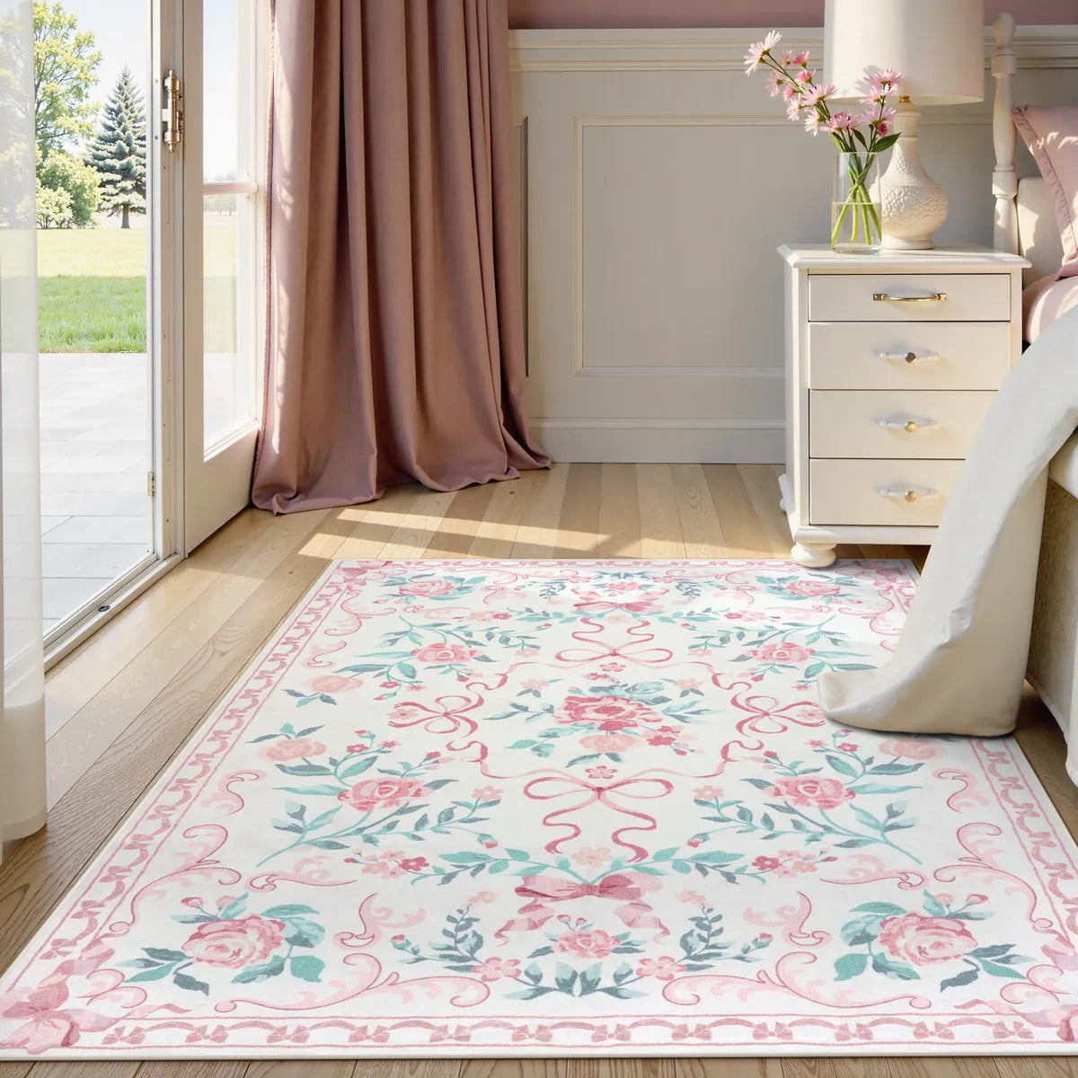 Rosabel Washable Floral Bows Pink Rug Area Rugs Lahome 4' x 6'
