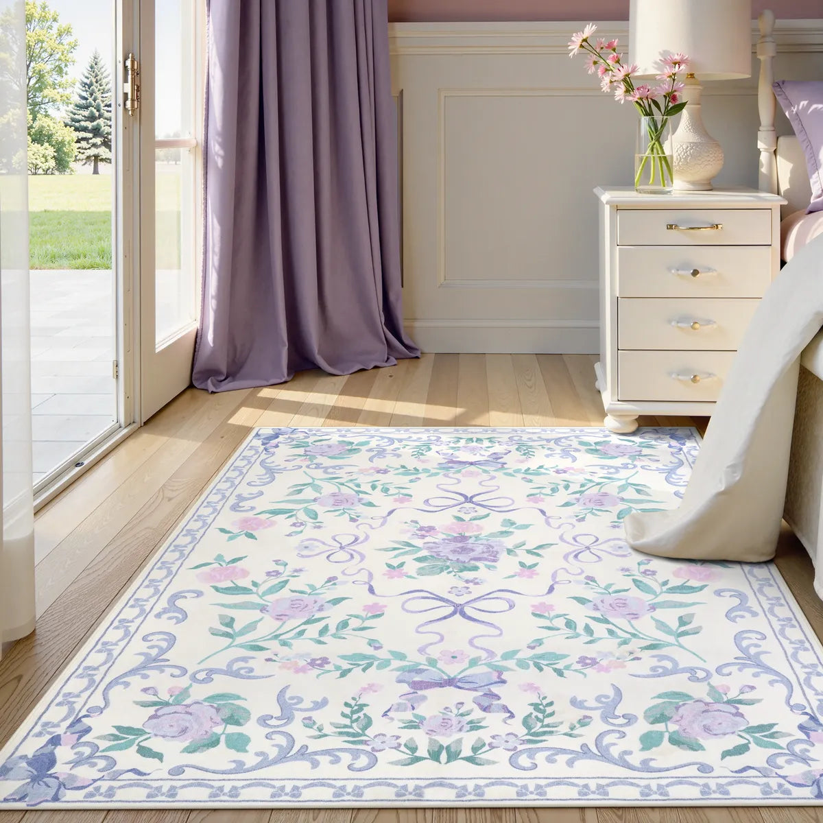 Lahome Washable Floral Bows Purple Area Rug for living room.