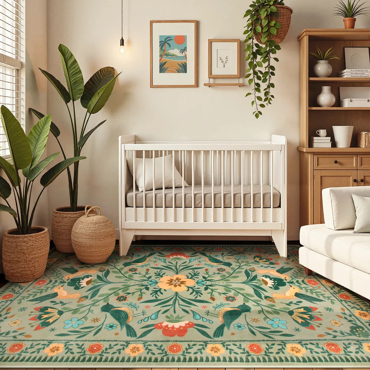 Rosalie Washable Boho Birdsong Floral Garden Light Green Rug Area Rugs Lahome