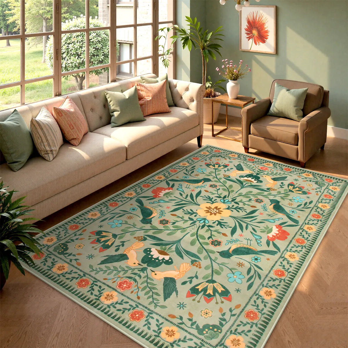 Rosalie Washable Boho Birdsong Floral Garden Light Green Rug Area Rugs Lahome 5' x 7'