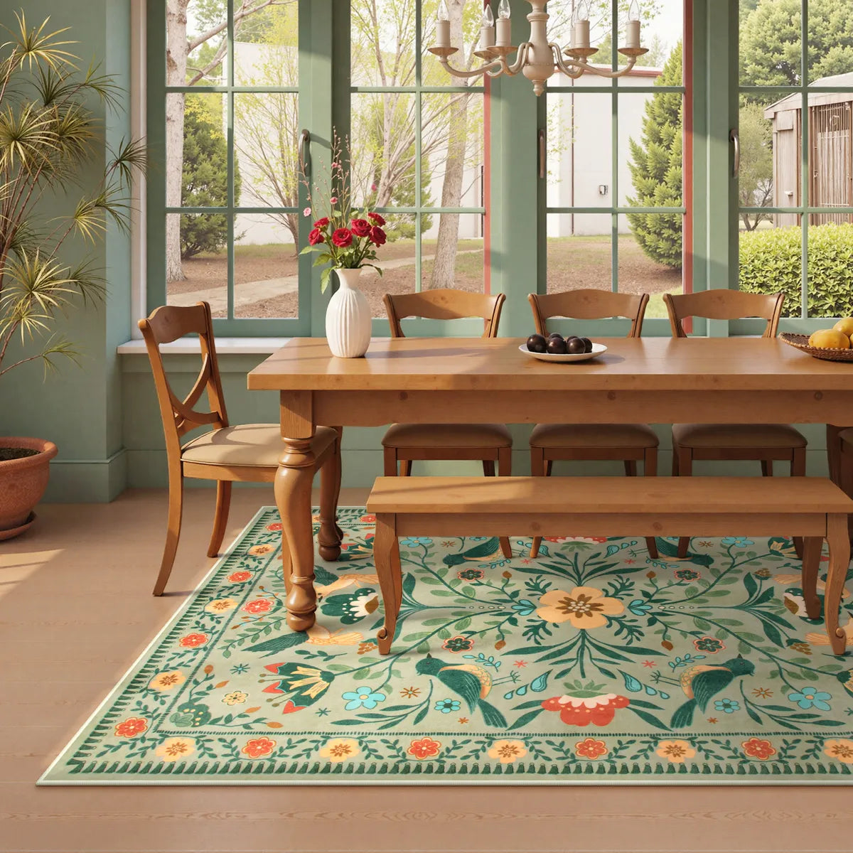 Rosalie Washable Boho Birdsong Floral Garden Light Green Rug Area Rugs Lahome