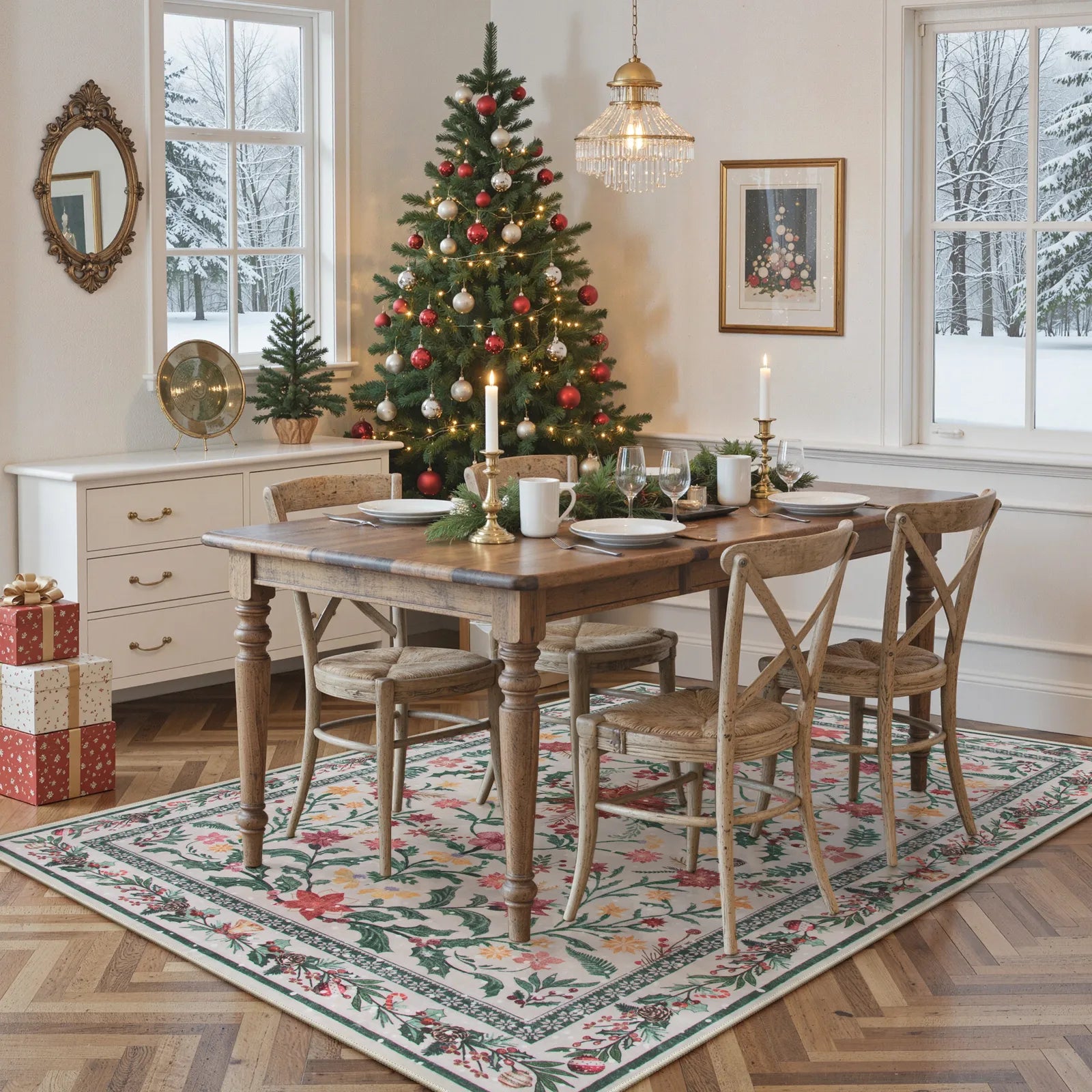 Ivan Christmas Washable Boho Modern Parisian Garden Floral Ivory Rug Area Rugs Lahome