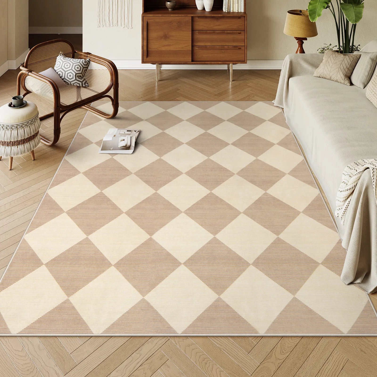 Varell Washable Modern Geometric Checkered Beige Rug Rugs Lahome