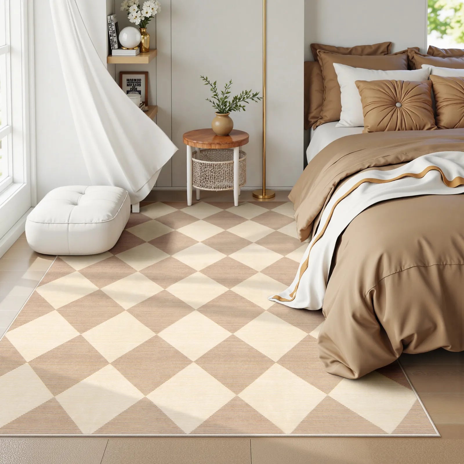 Varell Washable Modern Geometric Checkered Beige Rug Rugs Lahome