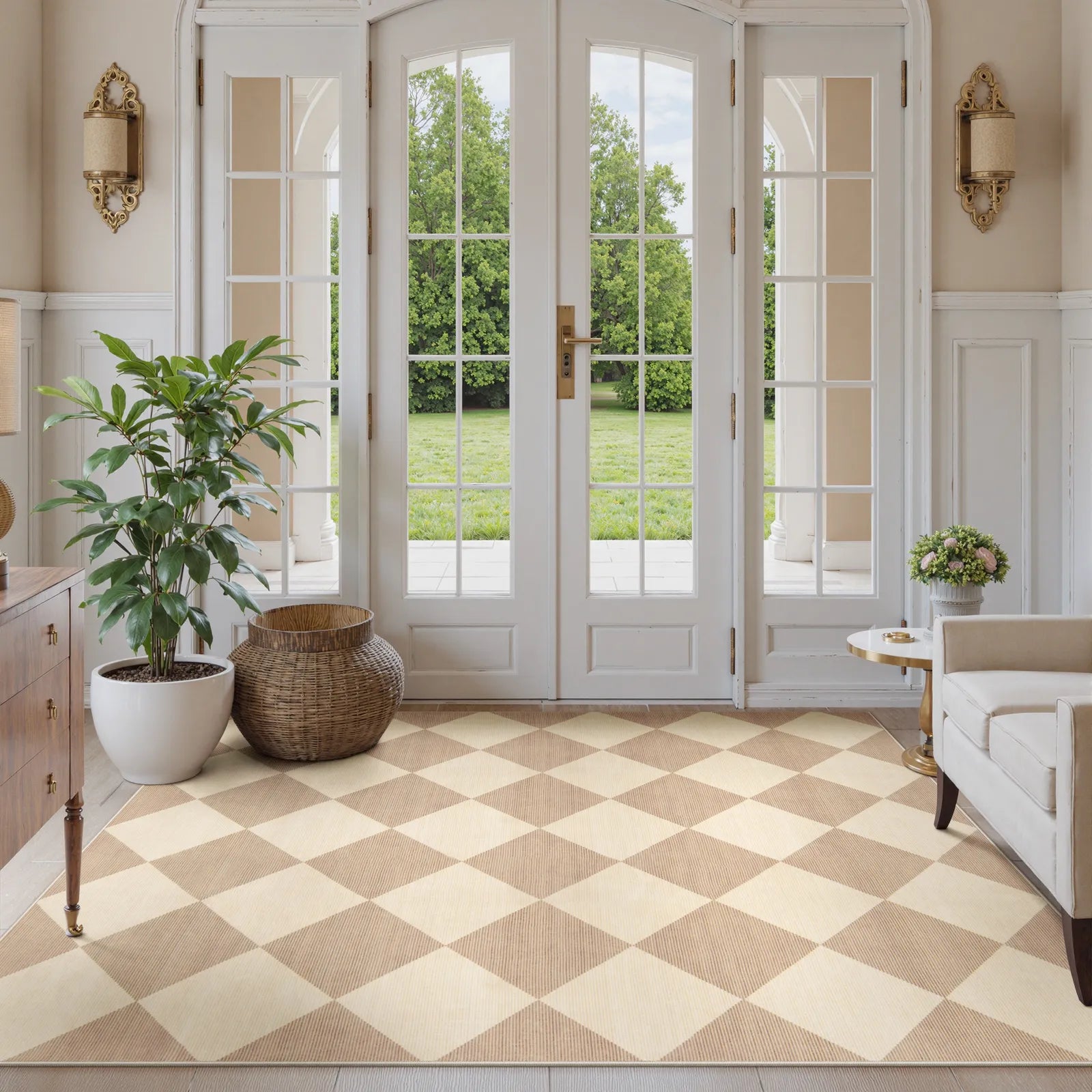 Varell Washable Modern Geometric Checkered Beige Rug Rugs Lahome 5' x 7'