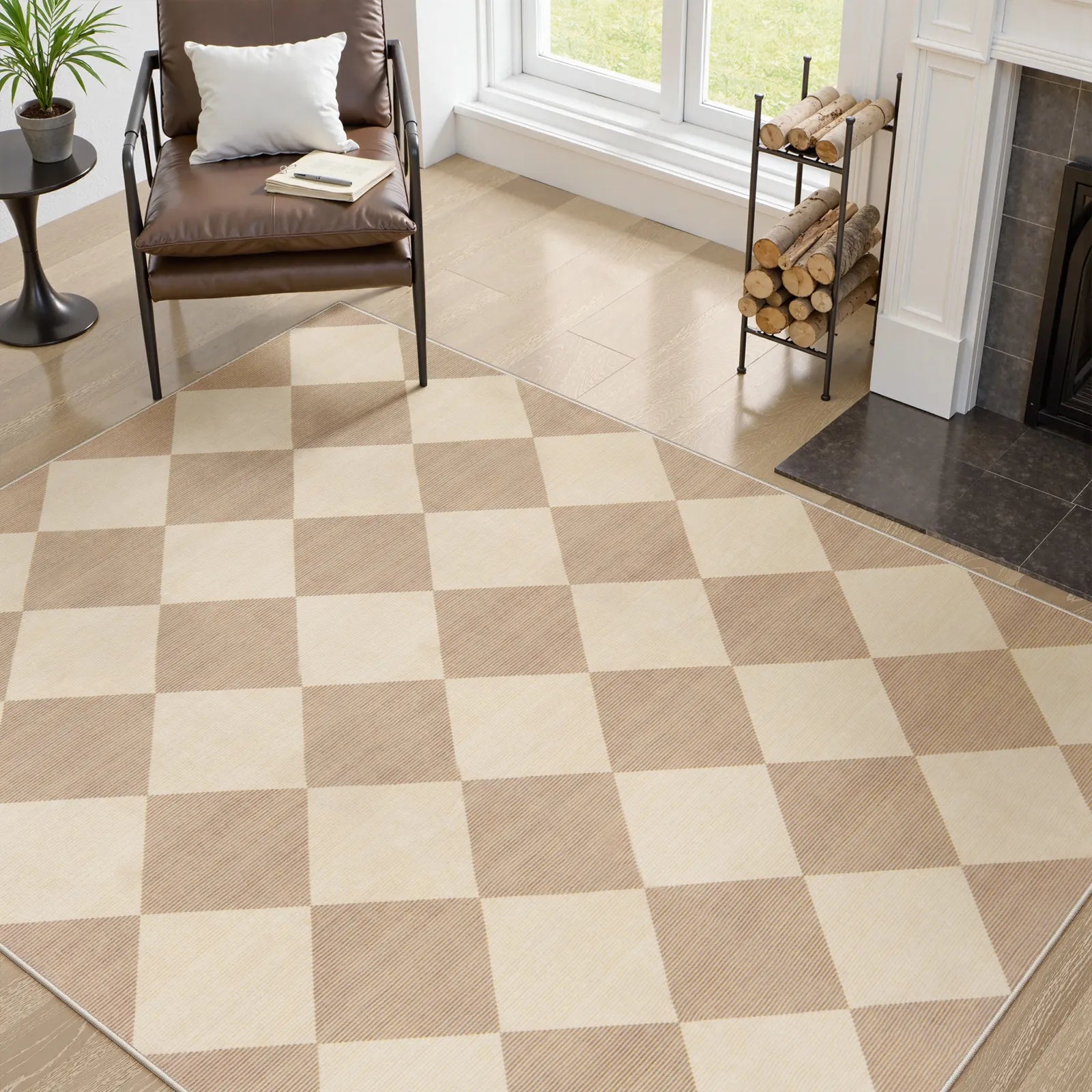 Varell Washable Modern Geometric Checkered Beige Rug Rugs Lahome