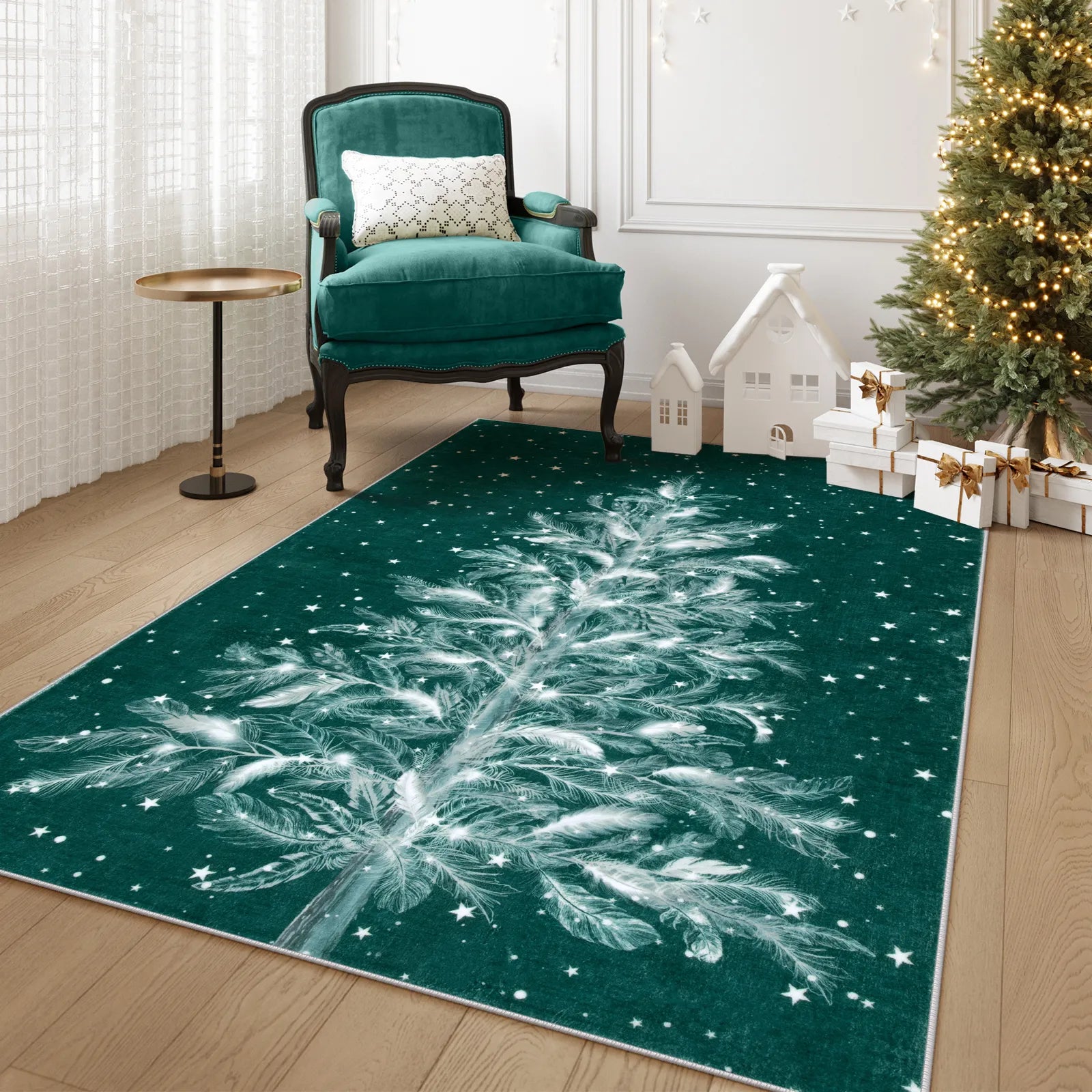 Velours Christmas Washable Tree and Snowflake Green Rug Area Rugs Lahome