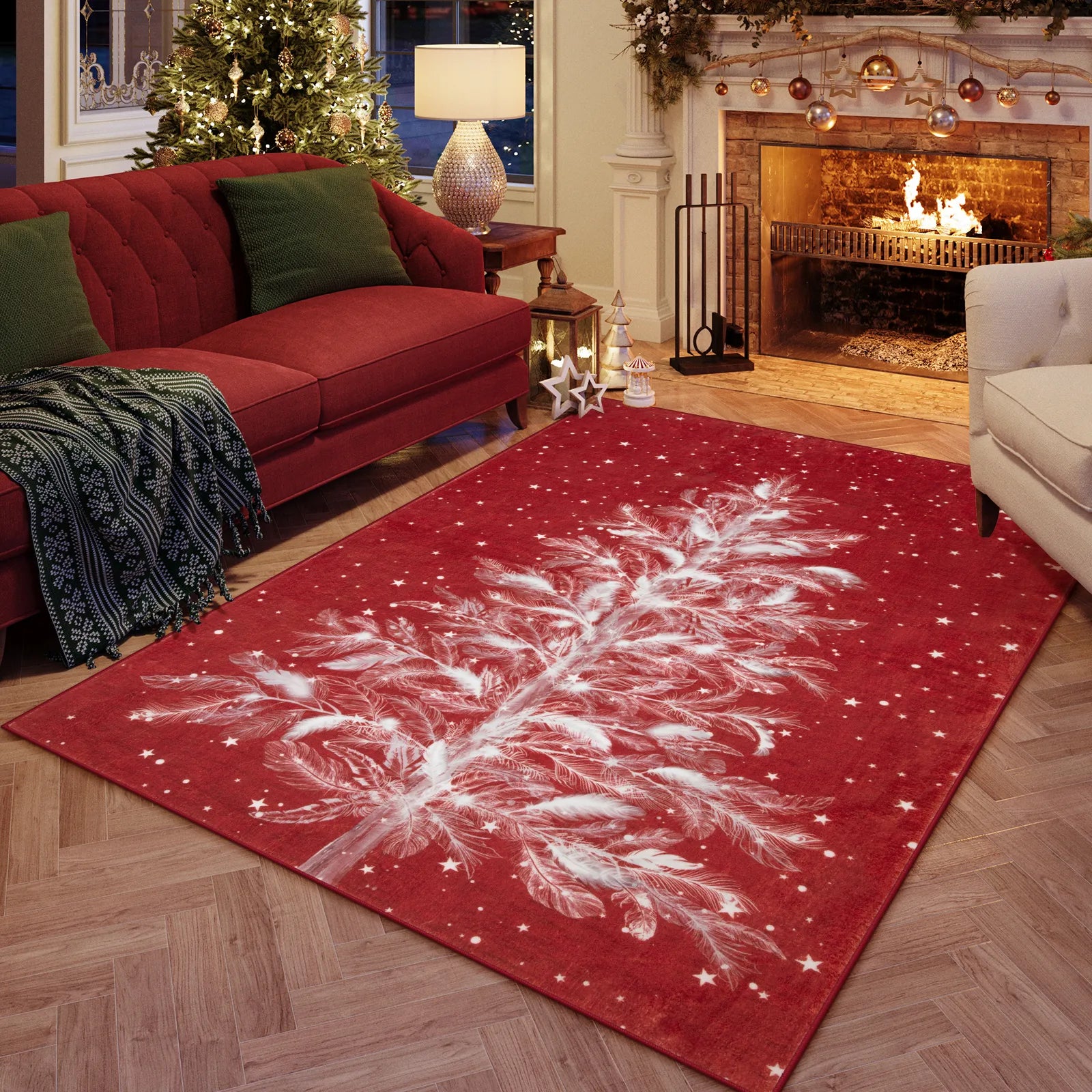 Velours Christmas Washable Tree and Snowflake Red Rug Area Rugs Lahome