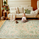 Verena Washable Vintage Floral Butterfly Sage Green Rug Clearance Rugs Lahome 5' x 7'