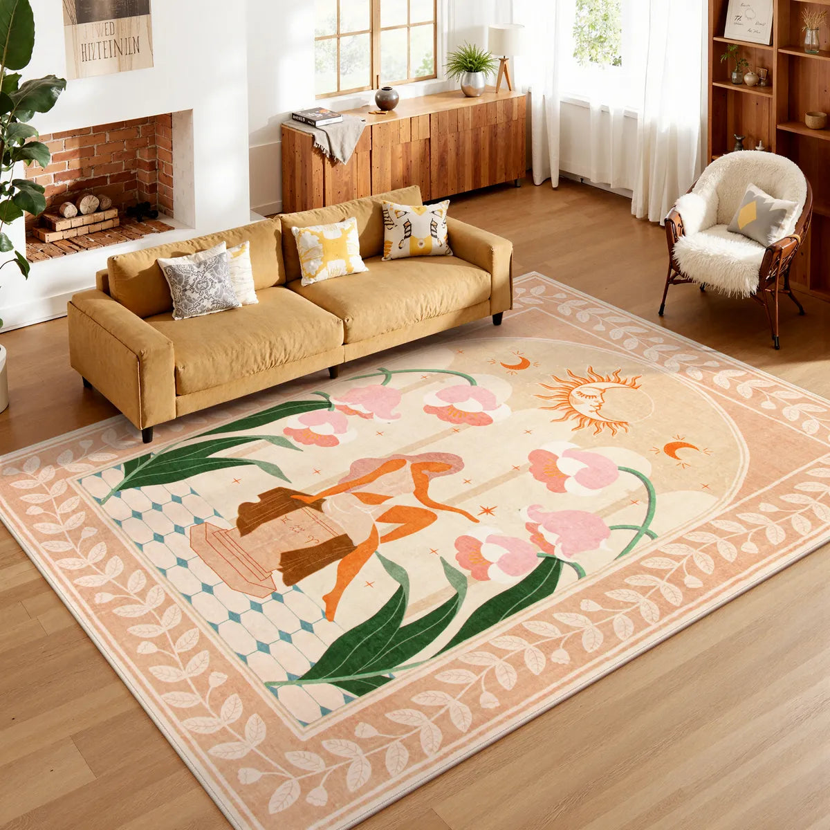 Vesper Washable Boho Mystical Goddess Orange Area Rug Rugs Lahome