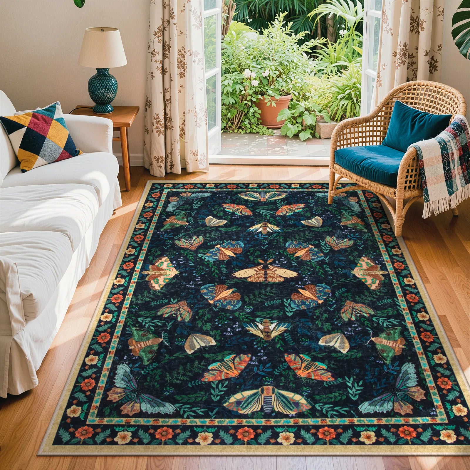 Villette Washable Vintage Botanical Insect Blue Rug Area Rugs Lahome 5' x 7'