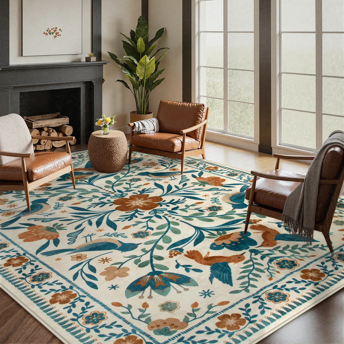 Rosalie Washable Boho Birdsong Floral Garden Beige Rug Area Rugs Lahome 5' x 7'