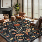Rosalie Washable Boho Birdsong Floral Garden Black Rug Clearance Rugs Lahome