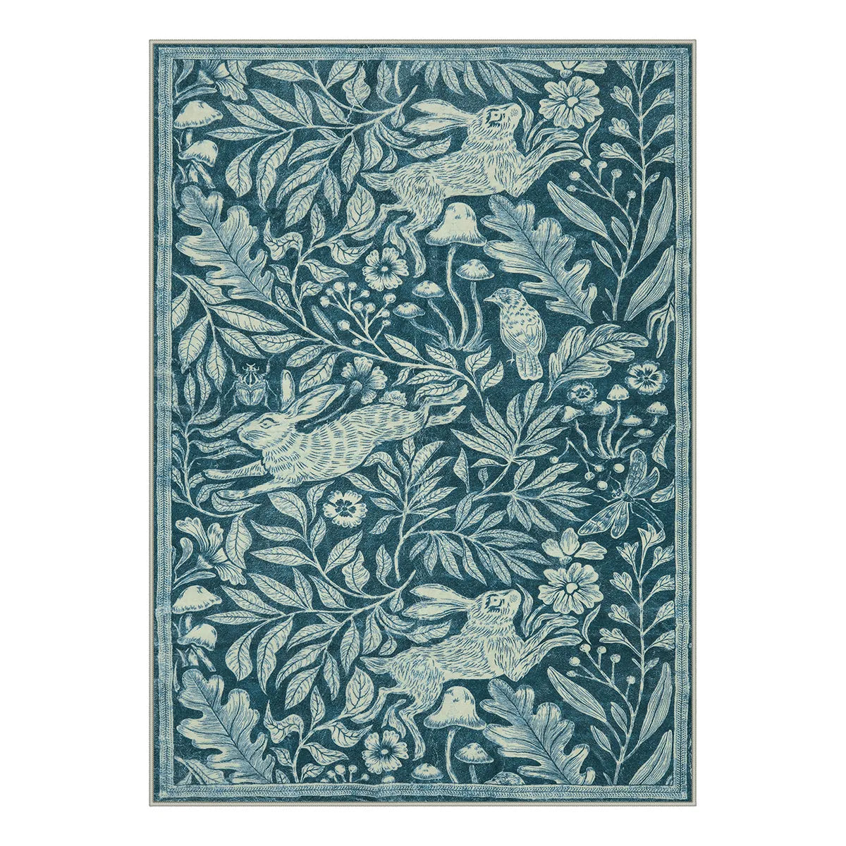 Nadine Washable Vintage Woodcut Forest and Rabbit Blue Rug Area Rugs Lahome